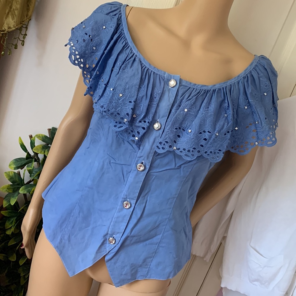 Vintage 80s Vera Mont Battenberg lace scoop neck bling glam blouse top M L